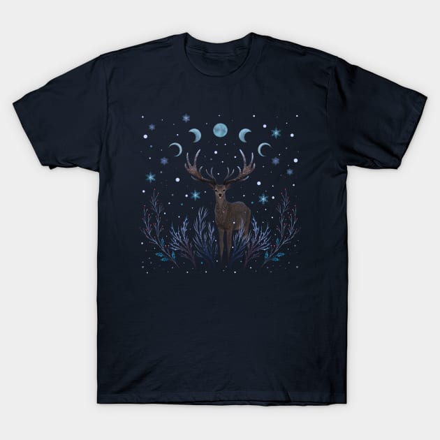 Deer in Winter Night Forest T-Shirt by Episodic Drawing